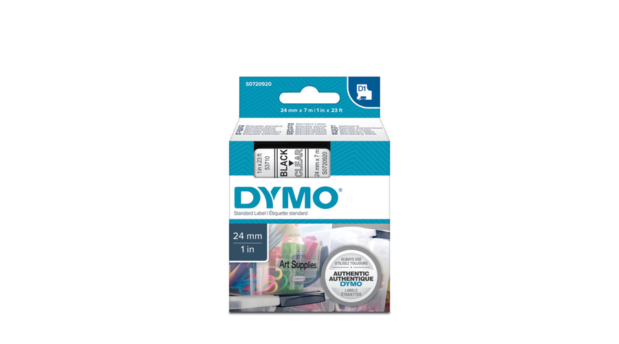 Dymo D1-es kazetta fekete/víztiszta 24mmx7m (53710)